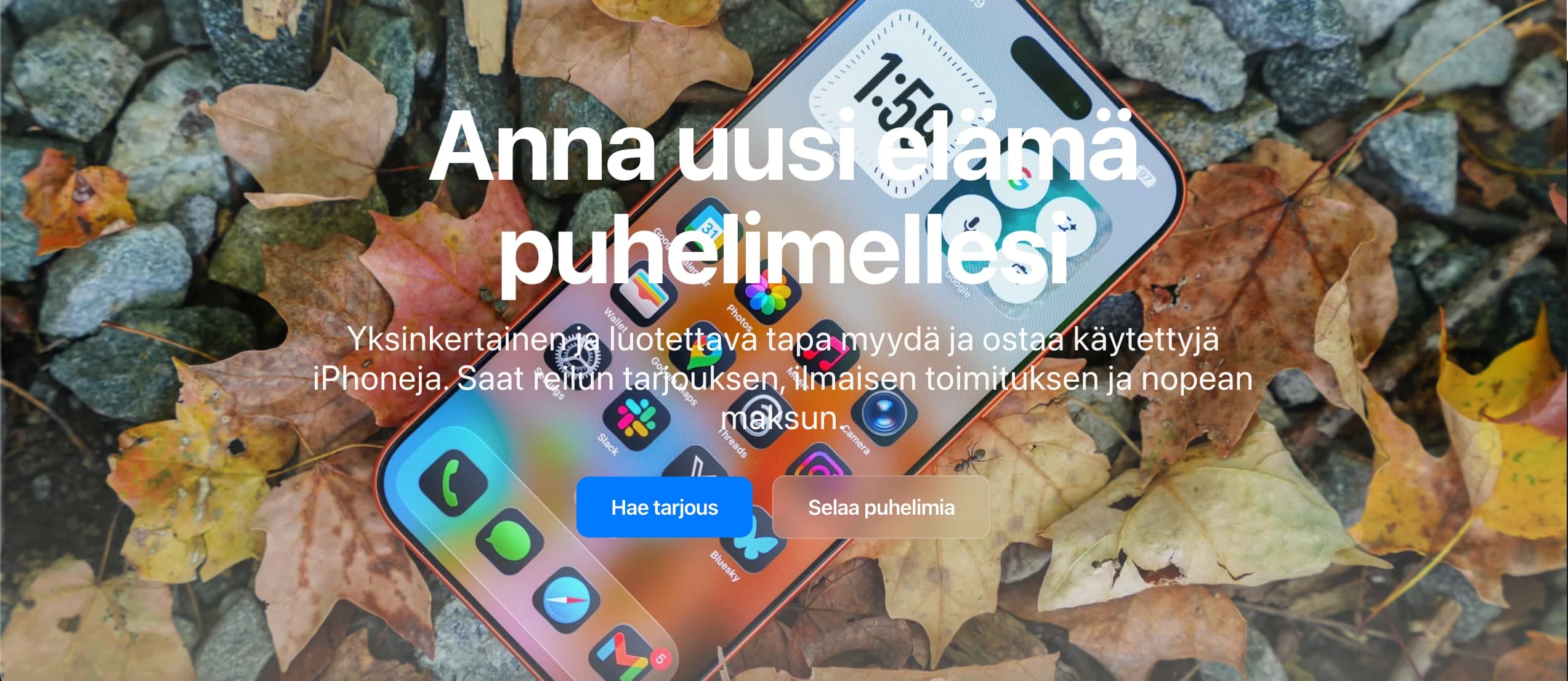 RePhone - iPhone on autumn leaves with Finnish marketing text